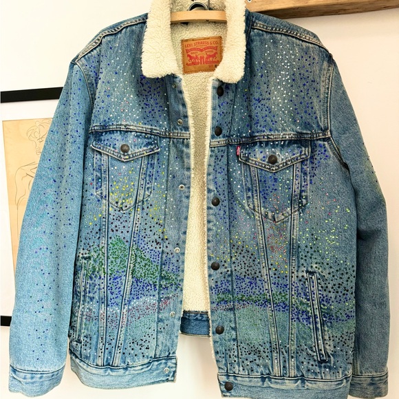 Sun Set Rhinestone hand applied on Sherpa Jean jacket - Picture 3 of 10